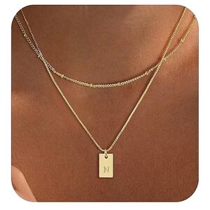 Gold Initial Pendant Layering Necklaces Initial N 2 Stacking Set Hypoallergenic